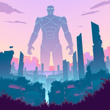 The ruins of a once-thriving city lie scattered across the landscape, with crumbling buildings and overgrown vegetation reclaiming the area. Broken pillars and fragmented walls create a sense of desolation. In the distance, a titan's silhouette looms against the sky, towering over the remnants of the city. The titan has a massive, imposing frame, with distinct features such as sharp angles and a detailed musculature visible even from afar. The atmosphere is filled with a sense of scale and awe as the remnants of human civilization contrast with the colossal figure on the horizon. The sky is painted with hues of orange and purple, suggesting a setting sun.