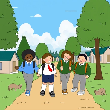A group of three children in matching school uniforms is walking home together along a narrow dirt path surrounded by lush greenery in a kampung setting. One child has curly black hair and is wearing a blue shirt with a white collar, while another has straight brown hair and sports a red tie with a white shirt. The third child, with short hair, wears a green cardigan over a white shirt and has a backpack slung over one shoulder. The children are chatting and laughing, their expressions joyful. The path is lined with small houses and tall trees, and a few stray cats can be seen lounging in the sun. The sky above is bright blue with fluffy white clouds scattered throughout.