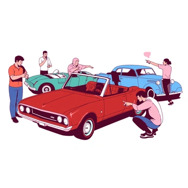 A red vintage car is parked prominently in the foreground, gleaming under the sunlight. Next to it, a blue vintage coupe showcases its shiny chrome details. Several car enthusiasts are gathered around, pointing and discussing various features of the vehicles. One enthusiast is taking pictures of a teal classic convertible, while another is crouched down to examine the engine of a white sports car. The scene is filled with excitement as these admirers interact with the cars and share their appreciation for automotive history.