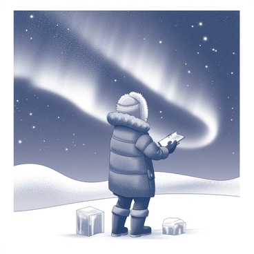 A figure bundled up in thick winter gear stands against a backdrop of a starry night sky. This character is wearing a heavy parka, insulated gloves, and a fur-lined hat, obscuring most of their features. In the background, the "aurora borealis" dances across the night sky, with sweeping waves of light creating patterns against the stars. The ground is covered in a thick layer of snow, and there are icy formations nearby. The scene captures a moment of focused study, with a notebook and pen in hand, as the character gazes upward at the stunning natural phenomenon.