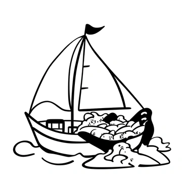 A sailboat with a billowing sail is gently gliding across the ocean's surface. The boat is depicted at an angle, showing the deck where a large net filled with shining herring is being pulled aboard. The net is overflowing with fish that reflect light, creating a sparkling effect. There are waves gently lapping against the sides of the boat, and other fishing gear is scattered on the deck, illustrating the activity of fishing. The scene conveys a sense of motion as the sailboat navigates the water.
