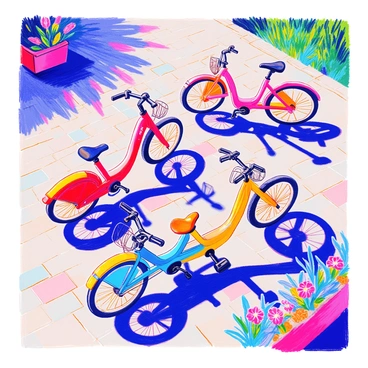 A top-down view shows a group of electric bikes arranged in a unique pattern on a plaza. The bikes come in various vibrant colors such as bright red, electric blue, and sunny yellow. Each bike features a sleek, modern design with a black frame and distinct handlebars. The plaza has a cobblestone surface, with patches of green grass peeking through. Surrounding the area, there are a few potted plants with colorful flowers adding contrast to the scene. Sunlight casts shadows of the bikes onto the ground, emphasizing their shapes and creating a dynamic visual effect.