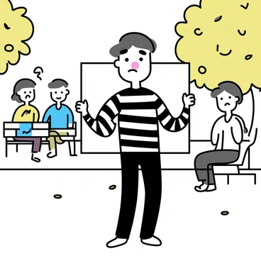 A mime artist wearing a black and white striped shirt and black pants is performing in a park. He has a white face with exaggerated black eyebrows and a red nose. His hands are pressed against the sides of an invisible box, and his expression shows comedic frustration. Around him, there are trees with green leaves and a few park benches in the background. A few spectators are watching with amused expressions, and there are scattered fallen leaves on the ground.