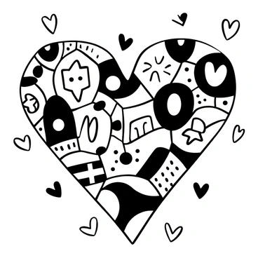 A black-and-white illustration of a large heart shape formed by an intricate mosaic of various shapes and patterns. Each section of the mosaic features distinct stylized designs that represent diversity, with no facial features present. The heart shape is centered on the image, surrounded by smaller heart shapes scattered around it.