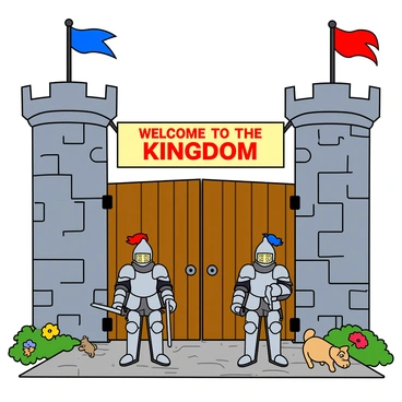 A grand medieval town gate made of heavy wooden planks and reinforced with iron studs stands tall. The gate is flanked by two stone towers, each topped with a colorful flag fluttering in the wind. In front of the gate, two armored knights in shining silver armor are standing guard, one with a blue plume in his helmet and the other with a red plume. They are holding their swords at their sides, ready to protect the entrance. Above the gate, there is a large, colorful banner that reads "Welcome to the Kingdom" in bold, stylized letters. The cobblestone path leading up to the gate is lined with vibrant flowers, and a few small animals can be seen curiously peeking around the corner.
