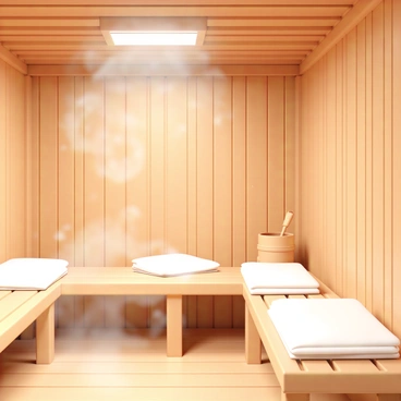 A wooden sauna with warm, polished walls, featuring benches made of smooth cedar wood, each lined with white towels neatly folded. The air is filled with steam, creating a soft mist that swirls around, partially obscuring the wooden beams overhead. The atmosphere is cozy and inviting, with small droplets of condensation forming on the wooden surfaces. A small wooden bucket and ladle sit in one corner, indicating the presence of hot stones used for steam.