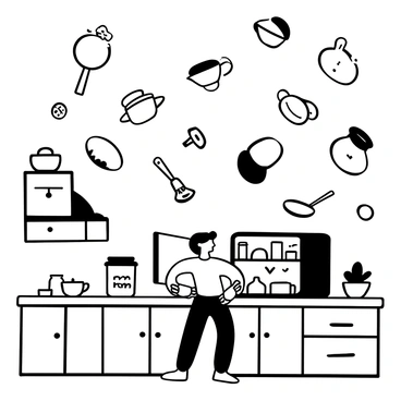 A kitchen scene with several floating appliances and utensils arranged in a surreal manner. There is a suspended refrigerator, with a slightly open door, revealing magnetic notes scattered inside. Above the countertop, an array of pots and pans are hovering mid-air, creating a whimsical arrangement. Different types of utensils, such as spatulas and ladles, are also floating around, as if caught in a gentle breeze. The cabinets are filled with jars and dishes, while a window shows a bright light filtering through.