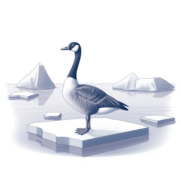 A Canada goose stands on a drifting ice floe. The goose has a distinctive black head and white chin strap, with a sleek body positioned upright. Surrounding the ice floe is a vast icy landscape that features large, jagged ice formations and a smooth, reflective surface of the frozen water. The scene conveys a sense of isolation and the harshness of the cold environment, with the sky above appearing expansive and clear, adding to the vastness of the landscape.