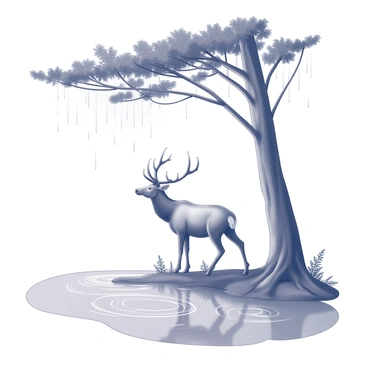 An elk standing gracefully beneath a large tree with a thick trunk and expansive branches. The elk is depicted with its antlers prominently displayed, showcasing the majestic features of this animal. Raindrops are seen falling from the sky, creating ripples across the surface of a nearby pond. The gentle movement of the water reflects the disturbance caused by the raindrops, while the surrounding environment includes lush foliage and a serene atmosphere.