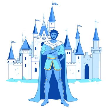 A blue character named "Fiyero" is standing confidently in front of a large white castle. He is wearing an ornate royal outfit, decorated with gold accents that catch the light. The castle has several tall spires and banners with intricate designs, and colorful flags are flying from the tops of the towers. Fiyero has one hand resting on his hip, and the other hand is raised slightly, as if he is preparing to address an audience. The sky above is clear, emphasizing the majestic scene.