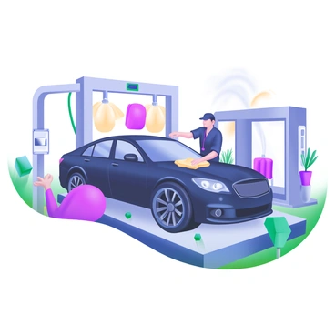 A luxury car being polished and cleaned at an upscale car wash facility