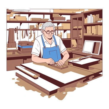 An elderly man with gray hair and glasses is carefully crafting wooden furniture in a well-equipped woodworking shop. He is wearing a blue apron and has a focused expression on his face as he works with a hand plane on a large piece of polished wood. Shelves filled with various tools and materials line the walls of the shop, including saws, chisels, and stacks of lumber. A bright overhead light illuminates the workspace, highlighting the intricate grains of the wood. On a nearby workbench, several pieces of furniture in different stages of completion are arranged, showcasing the man's craftsmanship.