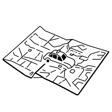 A folded city map is spread out on a flat surface, displaying various streets and landmarks outlined in black-and-white lineart. A toy taxi cab, with a simple design and clear features, is positioned on the map, appearing as if it is driving along one of the roads. The map includes marked points of interest, such as parks and buildings, drawn in fine detail. There are creases and folds in the map, adding texture to the scene. The toy taxi cab is slightly tilted, suggesting motion as it navigates the urban layout.