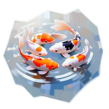 A group of colorful koi fish swimming closely together in a circular formation, creating a visual harmony that resembles a yin-yang symbol. The koi include vibrant shades of orange, white, and black, each fish gracefully gliding through the clear water. The area around the fish is filled with soft ripples that reflect their movements, while gentle light sparkles on the water's surface. The contrast between the dark and light colors of the koi enhances the yin-yang pattern, emphasizing balance and unity in their swimming.