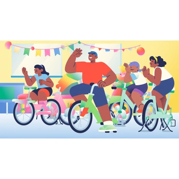 A vibrant indoor cycling class designed specifically for kids takes center stage. The room is filled with bright colors, including walls painted in yellow and blue. A group of children, ranging in age from six to ten, are happily pedaling on colorful stationary bikes, which are in shades of pink, green, and orange. Each bike has fun, playful accessories, such as streamers and stickers. The kids are wearing colorful athletic wear, with some sporting fun designs like cartoon characters. Above them, colorful banners and balloons add to the festive atmosphere. An enthusiastic instructor, wearing a bright red shirt and a big smile, encourages the children, clapping and cheering them on. The bright lighting enhances the cheerful environment, making it a lively scene.