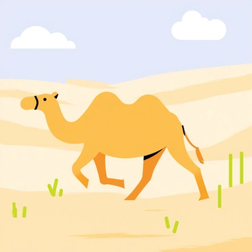 A camel walking through a vast desert landscape. The camel has two prominent humps that resemble colons, with the rounded shapes clearly defined. The desert features rolling sand dunes, with soft golden grains that reflect the sunlight. A few sparse green cacti are scattered throughout the scene, casting small shadows on the sand. The sky above is a bright blue with a few fluffy white clouds. The camel's legs are in motion, creating a sense of journey across the arid terrain.