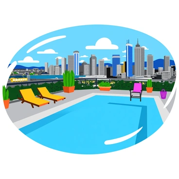 A rooftop swimming pool with clear blue water reflects the sky. The pool is surrounded by a sleek stone deck lined with vibrant green potted plants. In the background, a sprawling cityscape showcases tall skyscrapers, with some featuring glass facades catching the sunlight. A few colorful lounge chairs are positioned near the pool, adding a lively touch to the scene. The atmosphere appears energetic, with hints of activity below as cars move along the streets.