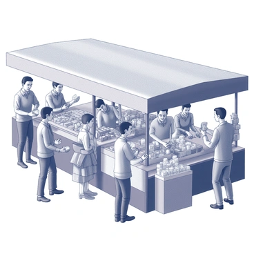 A bustling market scene filled with various vendors engaged in lively exchanges. Stalls are lined with an array of goods, including fruits, vegetables, textiles, and handcrafted items. Vendors are animatedly interacting with customers, negotiating prices while displaying their products. Some patrons are seen handing over different currencies as part of their transactions. The atmosphere is filled with activity and movement, as people navigate through the crowded aisles. 