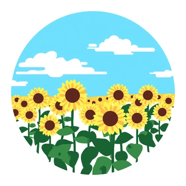 A yellow field of blooming sunflowers is swaying gently in the breeze. The sunflowers are tall, with bright yellow petals and dark brown centers. Above the field, a bright blue sky is filled with scattered white clouds. The scene captures the vibrant colors of the sunflowers contrasted against the blue of the sky, creating a peaceful and lively atmosphere.