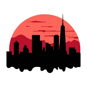 A black silhouette of a city skyline featuring tall skyscrapers and various architectural styles stands against a sunset sky filled with shades of red and orange. The outline of the buildings includes antennas, rooftops, and windows, creating a dramatic contrast with the vibrant sky. The sunset blends seamlessly, casting warm tones that enhance the striking profile of the cityscape.