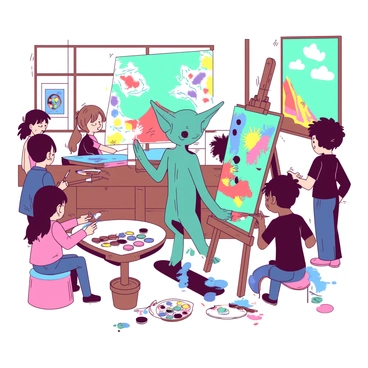 A teal house-elf is standing in an art classroom, holding a paintbrush in his right hand while painting a colorful canvas. The canvas features vibrant splotches of various colors, showcasing a lively scene. Around Dobby, several young artists of diverse backgrounds are intently focused on their own canvases, each displaying different styles and colors. Some are using brushes, while others are applying paint with their fingers. The classroom is filled with art supplies, including paint tubes and palettes scattered on nearby tables. Colorful artwork is displayed on the walls, enhancing the creative atmosphere.