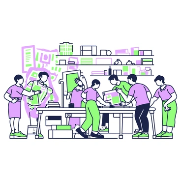 A community printshop bustling with people collaborating on projects