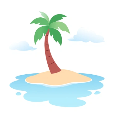 A small island is depicted with a single tall palm tree standing prominently in the center. The palm tree has a slender trunk with vibrant green fronds cascading down. The island's sandy shore is visible around the base of the tree, gently curving to meet the calm turquoise waters that surround it. The water is clear and reflects shades of blue and green, creating a tranquil atmosphere. The sky above is bright, with soft clouds drifting lazily, completing this serene seaside scene.