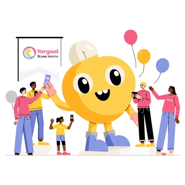 A cheerful brand mascot with a big smile and bright colors is interacting with a diverse group of children. The mascot has oversized cartoonish features, including large, friendly eyes and a colorful costume. The children, both boys and girls, are laughing and reaching out to the mascot, some are taking photos while others are giving high-fives. The atmosphere is lively, with balloons floating around and a promotional banner displaying the brand's logo in the background.