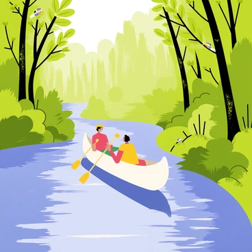 A canoe with two people paddling is gliding smoothly down a winding river. The water is a clear blue, reflecting the greenery around it. The riverbanks are lined with dense, lush forest filled with tall trees and thick underbrush. Sunlight filters through the leaves, creating dappled patterns on the water's surface. Birds can be seen perched on branches, and a few small animals are visible among the foliage, adding life to the vibrant scene.