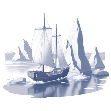 A wooden ship with billowing sails is navigating through icy waters. The ship is detailed with intricate carvings along its hull. Surrounding the vessel are massive glaciers, towering above the water with jagged edges and a variety of textures. The icy waters reflect the towering ice formations, creating a stark contrast between the warmth of the wooden ship and the coldness of the environment. In the distance, the sky is overcast, hinting at the chill in the air.