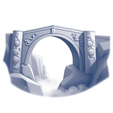 A stone bridge arching gracefully over a misty gorge. The bridge is constructed from large, weathered stones, each uniquely shaped and fitted together. Intricate carvings of legendary creatures, such as dragons and griffins, adorn the sides of the bridge. The designs are finely detailed, capturing the essence of these mythical beings. Below, the gorge is shrouded in thick mist, with rocky walls rising on either side, creating a sense of depth and grandeur. The atmosphere is one of mystery, with the mist softly enveloping the lower part of the scene.