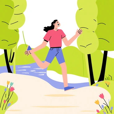 A person jumping rope on a nature trail, wearing a bright red t-shirt and blue shorts. The trail is lined with tall green trees that create a lush canopy overhead. In the background, a flowing river glistens under the sunlight, with ripples gently disturbing its surface. The person has an enthusiastic expression while jumping, and their long hair flows behind them. Colorful wildflowers are scattered along the sides of the trail, adding vibrant pops of color to the scene.