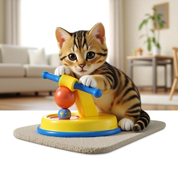 A cat playing with a toy that uses a simple lever mechanism for movement