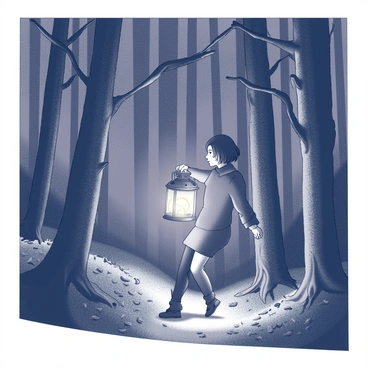 A person is standing at the edge of a dense forest, holding a glowing lantern. The lantern emits a soft light, illuminating the figure's features and casting shadows on the surrounding trees. The forest is thick with tall, narrow trunks and intertwining branches, creating a sense of depth and enigma. The ground is covered with leaves and underbrush, enhancing the feeling of entering an uncharted territory. The person appears focused and cautious, taking a careful step forward into the darkness, with the faint light from the lantern flickering as it cuts through the shadows of the forest.