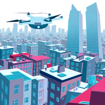 A sleek drone equipped with a high-resolution camera is soaring above a sprawling urban landscape. Below, a vibrant mosaic of rooftops is visible, showcasing a diverse array of architectural styles including modern high-rises, classic brownstones, and quirky industrial buildings. The drone's perspective captures intricate details of the rooftops, such as solar panels, water tanks, and rooftop gardens. Sunlight glints off the glass facades of skyscrapers, while shadows cast by the structures create a dynamic play of light across the scene. The atmosphere feels lively, as tiny figures can be seen moving along the streets below.