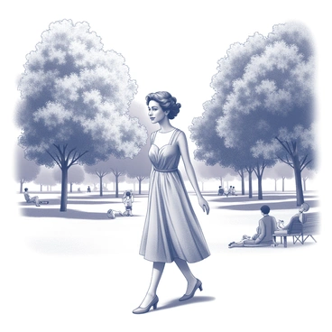 Mrs. Dalloway strolling through a sunlit London park, surrounded by lush trees and people relaxing.