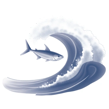 A mackerel fish is depicted leaping through the air at the crest of a wave. The fish's streamlined body is angular and sleek, reflecting the fluid motion of the water. The wave is tall and powerful, curling over with a foamy crest. The surface of the ocean shows ripples and movement, enhancing the scene's dynamism. Water splashes around the mackerel, emphasizing its agility in the ocean environment.