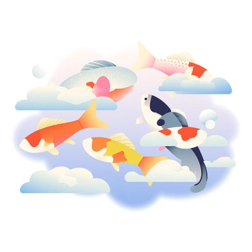 A group of colorful koi fish is swimming gracefully through fluffy white clouds in a soft, serene sky. The koi fish exhibit a range of vibrant colors including orange, white, and black, with distinct patterns on their bodies. Around them, the clouds billow gently, creating a sense of movement and fluidity. The sky is a gradient of soft blues and pastel pinks, evoking a tranquil atmosphere. Light shines softly from an unseen source, casting a gentle glow on the fish and clouds, enhancing the ethereal quality of the scene.