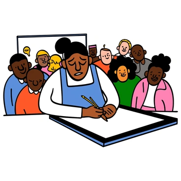 An artist with light skin and short black hair is sketching on a large drawing pad at a vibrant event. The artist is wearing a blue apron over a white shirt and appears focused, with their brow slightly furrowed. In the background, a diverse audience with various skin tones and hairstyles is watching intently, some leaning forward with expressions of fascination. Bright lights illuminate the scene, highlighting the artist's hand as they move swiftly with a pencil, capturing the moment on paper.