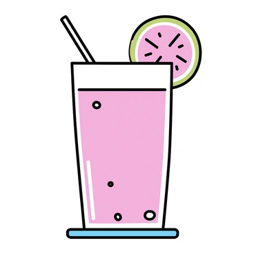 A clear glass filled with a pink guava smoothie sits on a wooden table. The smoothie is topped with a slice of guava resting on the rim of the glass. The glass has condensation on the outside, indicating that the drink is cold. A straw is inserted into the smoothie, and there are a few small bubbles on the surface of the drink.