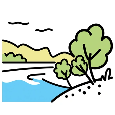 A cluster of vibrant green wild rhubarb plants with large, crinkled leaves is growing along a gentle riverbank. The river flows smoothly, reflecting the sunlight, and the banks are lined with small pebbles and patches of grass. In the background, there are soft rolling hills, some with patches of trees. The scene conveys a peaceful, natural environment.
