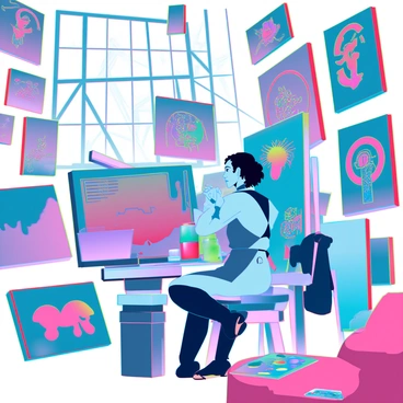 An artist with medium skin, wearing a paint-splattered apron, is intensely focused on creating a vibrant piece on a large canvas. The studio is filled with colorful, queer-themed paintings adorning the walls. Various art supplies, such as paint tubes, brushes, and canvases, are scattered around, creating a lively atmosphere. Bright sunlight streams through a large window, illuminating the dynamic colors in the room and casting playful shadows. The artist is surrounded by bursts of color and creative energy, as they mix paints on a palette, lost in their artistic process.