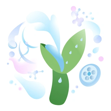 A close-up view of a plant stem with water visibly moving upward through it, showcasing the process of capillary action. The stem is textured with a smooth, green surface, and small droplets of water are forming along its path. Surrounding the stem are detailed plant cells, highlighted to show their structure. An abstract representation of intermolecular forces is illustrated in the background, indicating the interactions that aid in the movement of water. The overall image features gradient pastel colors blending softly, enhancing the visual appeal of the natural elements.