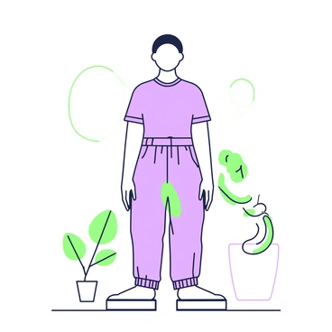 A person is standing with a corrected posture to relieve sciatic discomfort. The individual is facing forward with their shoulders pulled back and their head held high. The spine is straight, creating a natural alignment from the head down to the lower back. The hands are resting gently at the sides. The person is wearing comfortable clothing, consisting of a fitted t-shirt and loose pants. The floor is visible underneath, and the background features a minimalistic room with a potted plant in the corner.