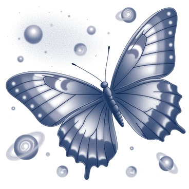 A butterfly with intricate wings, characterized by swirling patterns and texture, is in motion through a vast expanse of space. Surrounding the butterfly are numerous galaxies, each featuring spirals and clusters of stars. The background shows a starry sky filled with twinkling points of light, creating a sense of depth and distance. The butterfly's wings appear to shift and reflect light, emphasizing their elaborate design as they catch the cosmic ambiance.