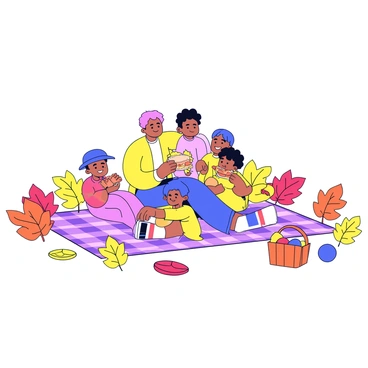 A family of four is sitting on a large checkered picnic blanket spread out on the ground. The blanket is surrounded by a variety of colorful autumn leaves in shades of red, orange, and yellow. The parents are smiling and sharing a sandwich, while the two children are playing with a small ball nearby. A picnic basket, slightly open, reveals fruits and snacks inside. The scene conveys a warm and inviting atmosphere of togetherness in nature.