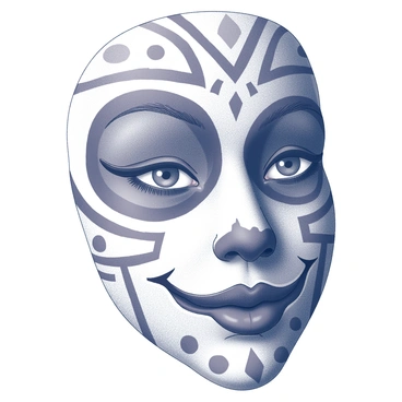 A close-up view of a face adorned with intricate paint designs. The face is decorated with swirling patterns that cover the forehead and cheeks, featuring sharp lines and curves. The mouth is framed by contrasting designs that create a striking effect, while the eyes are accentuated with multiple shapes and colors surrounding them. The overall composition highlights the complexity and artistry of the face paint, emphasizing the details of the patterns and textures.