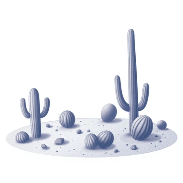 A desert landscape features a variety of cacti in different shapes and sizes scattered across the sandy terrain. The cacti include tall saguaro cacti with their iconic arms reaching upward, as well as shorter, round barrel cacti. The ground is covered with fine grains of sand and small rocks, emphasizing the arid environment. In the background, there is a clear sky, providing a stark contrast to the spiky silhouettes of the cacti. The overall composition focuses on the expansive openness of the desert, highlighting the unique forms of the cacti against the vastness of the landscape.