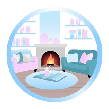 A simple round frame encloses a cozy living room scene. In the center, there is a crackling fireplace with flames dancing and warm colors reflecting off the surrounding walls. A comfortable sofa is positioned near the fireplace, adorned with soft cushions. A small coffee table sits in front of the sofa, holding a steaming mug and an open book. A plush rug lies on the wooden floor, adding warmth to the space. Shelves filled with books and decorative items are visible in the background. The overall atmosphere is inviting and warm.