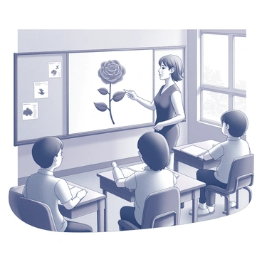 A classroom scene featuring a teacher standing in front of a large illustration on a board. The teacher, a middle-aged woman with short hair, is actively pointing to the illustration of a rose, highlighting its distinct parts such as the petals, stem, and leaves. Students are sitting at their desks, attentively looking at the teacher and the board, some with notebooks open, ready to take notes. The classroom is filled with educational posters on the walls and a window showing a view of greenery outside. The desks are arranged in neat rows, contributing to the organized atmosphere of the learning environment.